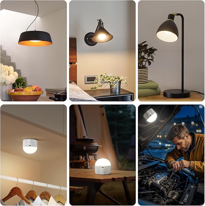 Rechargeable Light Bulbs with Remote, 2000mAh Magnetic Battery Powered E26 LED Bulb with Timer for Lamps/Sconces/Outdoor Camping, 3 Color Temperatures & 12 RGB Colors, Non-Hardwired, 4 Pack