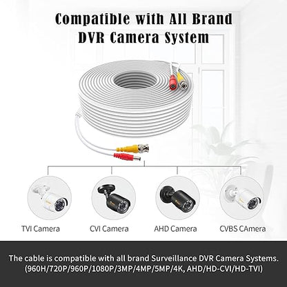 1 Pack 150ft White BNC Video Power Cable Security Camera Cable Wire Cord for CCTV DVR Surveillance System with Connectors (BNC Female and BNC to RCA) (White, 150FT)