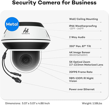 ONWOTE PTZ PoE IP Security Camera, 350° Pan 87° Tilt 5X Optical Zoom 4K 8MP, 2 Way Audio, 2.7-13.5mm Motorized Lens, AI Human Vehicle Detection, 60ft-100ft IR, Outdoor Dome with Audio
