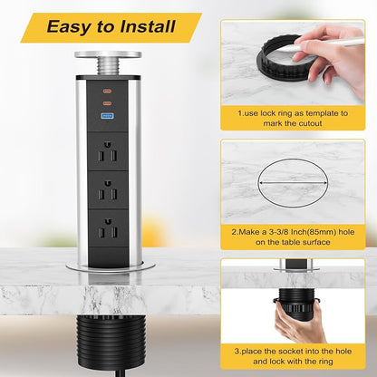 Pop Up Outlet for Countertop, Pop Up Socket with 3 AC Outlets and 2 PD 20W USB-C & 1 USB-A Ports, Pull Pop Up Power Outlet for Kitchen Conference Office, 3-3/8 Inch(85MM) Hole Grommet Power Strip