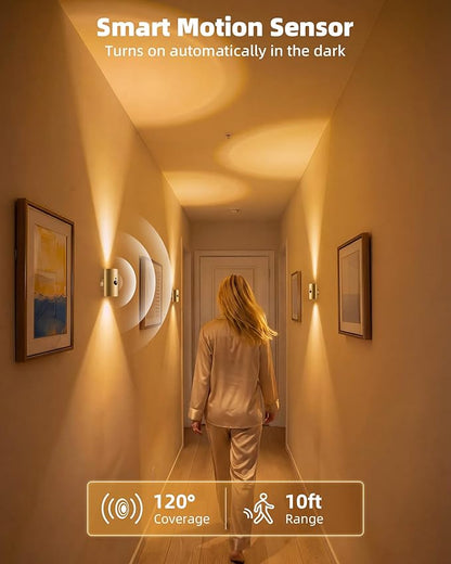 EZVALO Motion Sensor Wall Sconce with Remote, Battery Operated 4000mAh Rechargeable Wall Light, 3 Color Temperatures & 12 RGB, Up & Down LED Lighting for Hallway, Stairway (Brass Gold, 1 Pack)
