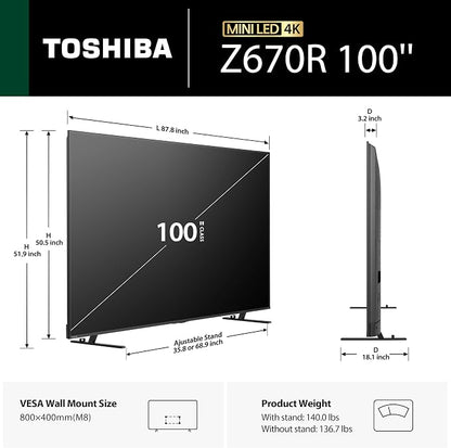 Toshiba 100" Z670 Series Mini-LED 4K UHD Smart Fire TV (100Z670R, 2026 New) - QLED, Native 144Hz, HDR10+, Dolby Vision IQ, REGZA Engine Zri, Dolby Atmos, Game Mode Pro, Alexa Built-in, Japan Quality