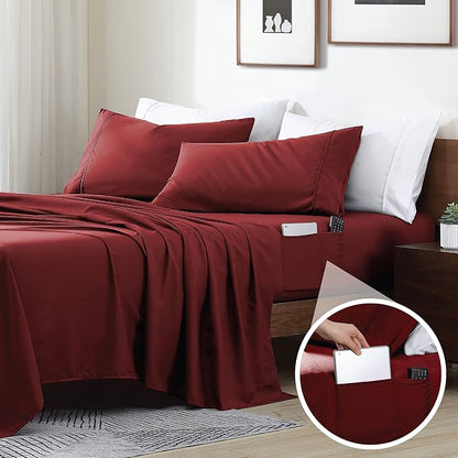 Swift Home Smart Sheets, Ultra Soft Brushed Microfiber 4-Piece Sheet Set, Fitted Bed Sheet with Side Storage Pockets – Burgundy, Queen