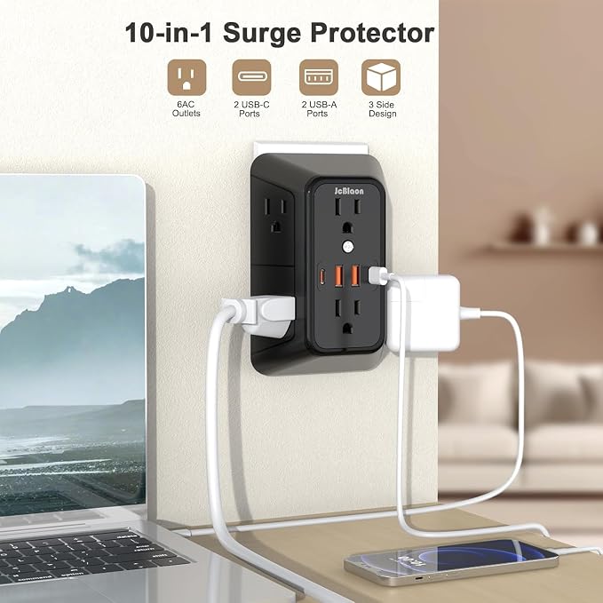 JcBlaon 3 Pack Outlet Extender Surge Protector, 6 Outlet Splitter with 4 USB Ports (2 USB C),1050J 3-Sided Multi Plug Wall Outlet, USB Wall Charger for Home Office Kitchen Travel（Black）-ETL