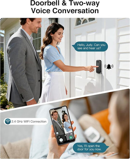 Video Smart Lock with Camera, Built-in Rechargeable Lithium Battery Entry Keyless Door Lock, App Control, Fingerprint ID, IC Card, Keypad Code, Auto Lock for Front Door (Black)