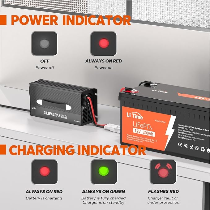 LiTime 12V 60A Lithium Battery Charger for LiFePO4, 14.6V Output Fast AC-DC