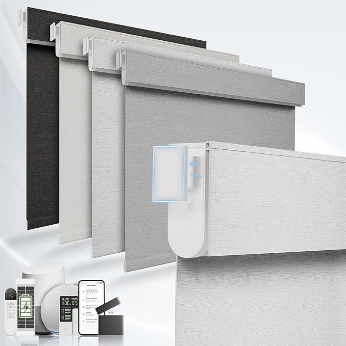 No Drill Motorized Blinds with Remote, No Tools Automatic Blinds for Window, Blackout Motorized Shades, Light-Filtering Smart Blind, Rechargeable, Customized Size, White