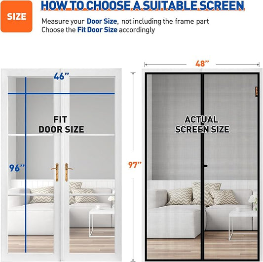 MAGZO Magnetic Screen Door, Fits Door Size 46 x 96 Inches, Actual Screen Size 48 x 97 Inches Reinforced Fiberglass Mesh Curtain for Front and Entry Entrance Mesh with Full Frame Hook & Loop, Gray