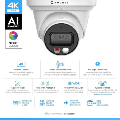 Amcrest Refurbished 4K (8MP) IP PoE AI Camera, 49ft Nightcolor, Security Outdoor Turret Camera, Human Detection, Active Deterrent, 4K@15fps REP-IP8M-2779EW-AI (White) (Renewed)