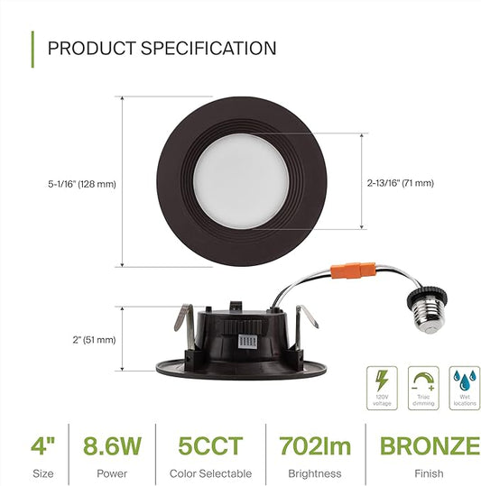 ASD 6 Pack Bronze 4 Inch Retrofit LED Recessed Light - 9W 2700K-5000K 700LM Retrofit LED Recessed Lighting 4 Inch, Dimmable Bronze Recessed Lights, Wet Rated Baffle Trim Can Lights, UL
