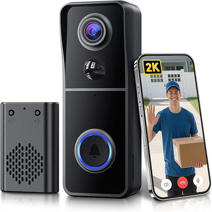 AUE Wireless Video Doorbell Camera 2K HD with Ring Chime, Battery Powered & Night Vision 2-Way Audio PIR Motion Detection 2.4G WiFi + IP66 Waterproof, Compatible with Alexa