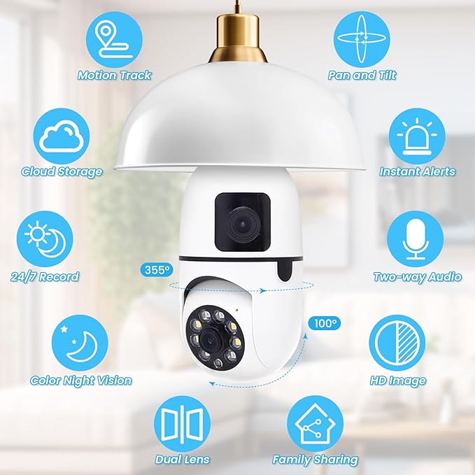 E27 Socket Security Camera, 2K/3MP Outdoor 2.4G Hz WiFi E27 Camera for Home Security, 24/7 Recording and Alarm (Dual Lens) (2)