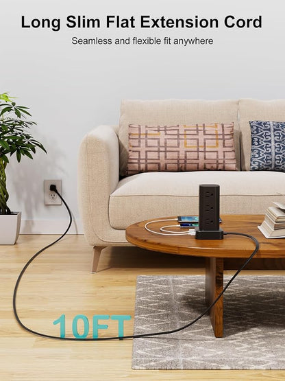 Power Strip Tower Surge Protector, 10FT Flat Plug Extension Cord with Multiple Outlets, 12 AC Outlets 4 USB (2 USB C), Desktop Surge Protection Tower for Home Office Dorm Room, Black