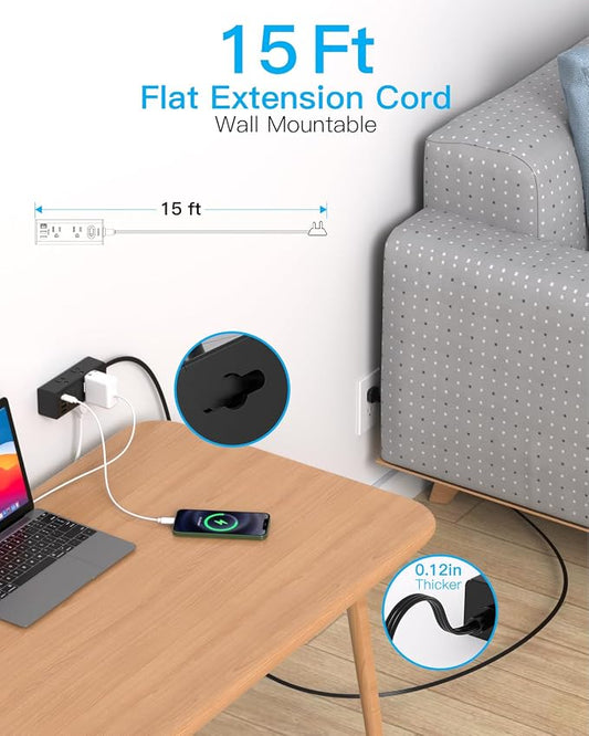 15Ft Extension Cord with Multiple Outlets, Flat Plug Power Strip Surge Protector with 15 Ft Long Cord, 6 Outlet 4 USB Ports (2 USB C), Multi Outlet Wall Plug for College, Dorm Room Essentials(Black)