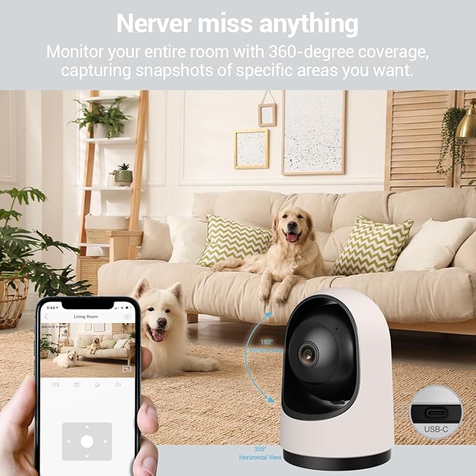 Smart Baby Security Camera, 360-Degree Indoor Camera with Motion Detection, 7×24H Recordings, Mobile App Control