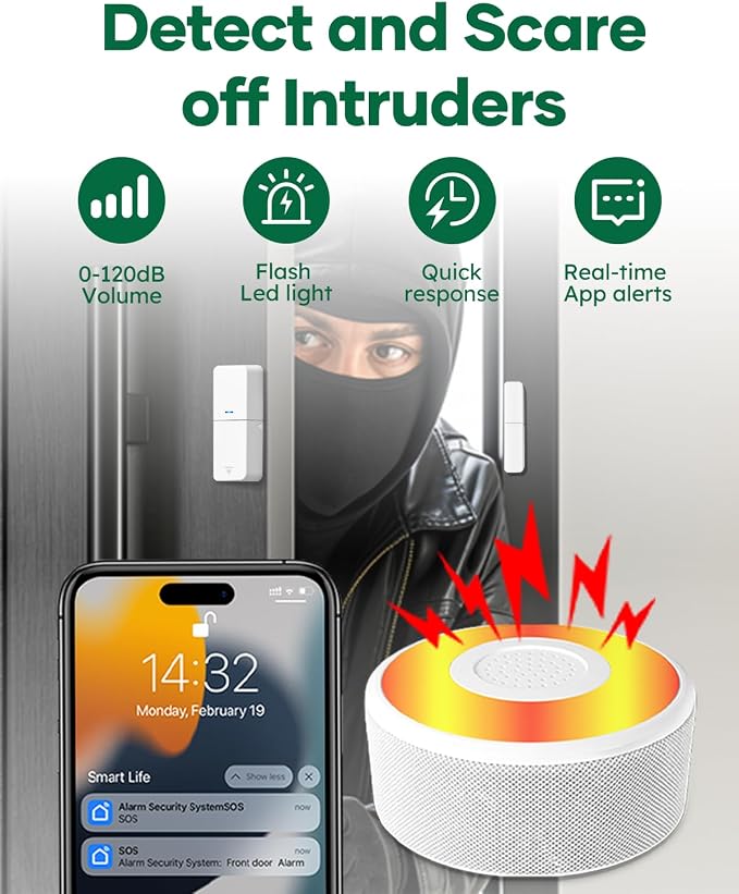 WiFi Alarm System for Home Security, DIY, No Monthly Fee, App Alerts | 120db alarm, 8-Hour Backup Battery, Instant App Alerts, DIY Installation, Expandable Home Protection, for window door alarm