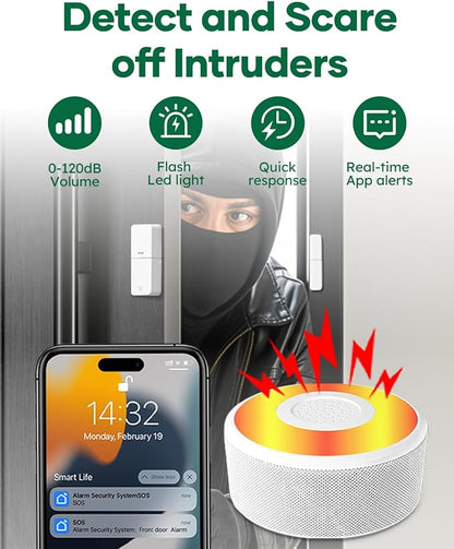 WiFi Alarm System for Home Security, DIY, No Monthly Fee, App Alerts | 120db alarm, 8-Hour Backup Battery, Instant App Alerts, DIY Installation, Expandable Home Protection, for window door alarm