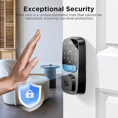 TCL D1 Pro Palm Vein Smart Lock, Keyless Entry Door Lock, Upgraded Rechargeable Battery, Front Door Smart deadboalt, App Remote Control, Auto-Lock, Waterproof, Works with Alexa