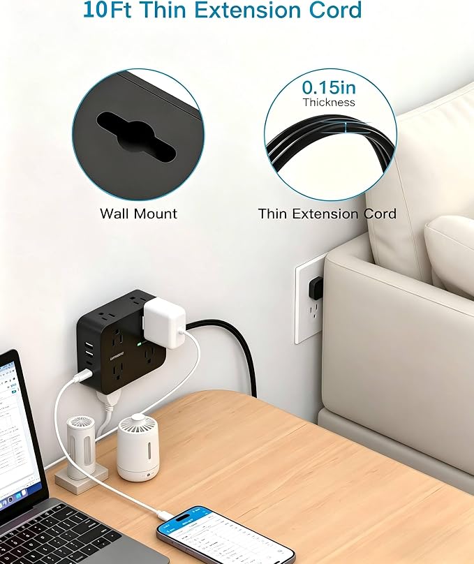 10 Ft Power Strip Flat Plug, Extension Cord Surge Protector, Flat Wall Plug