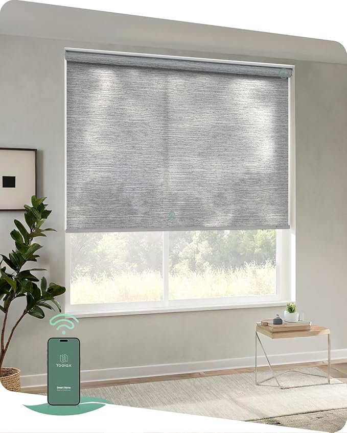 Yoolax Motorized Shades App Control, Light Filtering Automatic Blinds for Indoor Windows, Electric Roller Shades for Bedroom Living Room Office (Soft Jacquard Gray, 42" W x 72" H)