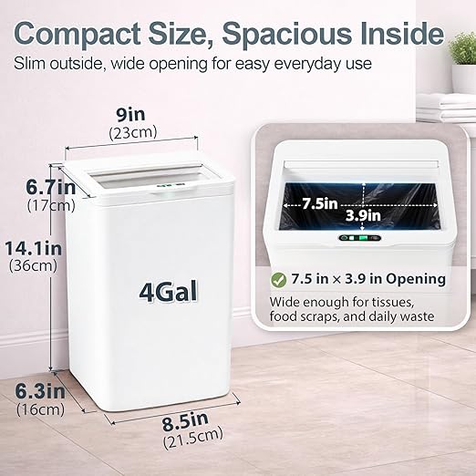 Rechargeable Motion Sensor Trash Can, 4 Gallon Bathroom Trash Can with Lid, Touchless Automatic Smart Slim Garbage Can for Narrow Spaces, Office, RV, Bedroom