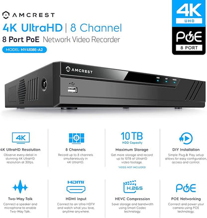 Amcrest 4K 8CH POE NVR (1080p/3MP/4MP/5MP/8MP) POE Network Video Recorder - Supports up to 8 x 8MP/4K IP Cameras, 8-Channel Power Over Ethernet Pre-Installed 2TB Hard Drive (NV4108E-2TB)