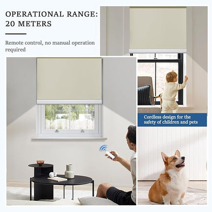 Grandekor Motorized Blinds with Remote Control, Blackout Roller Shade Electric Shades Cordless Smart Blinds for Bedroom Living Room Office,Cream,W46xH72