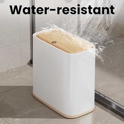 Bathroom Trash Can 2.6 Gal, Wheels, Air Vent, Faux Wood Top
