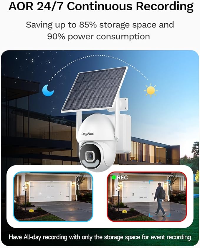 LongPlus 5MP Security Camera System Wireless Outdoor, No Subscription, Solar-Powered, WiFi Home Security Camera System with 360 ° Pan & Tilt, AOR Tech 24-7 Recording, Expandable 8CH, 2 Cam-Kit