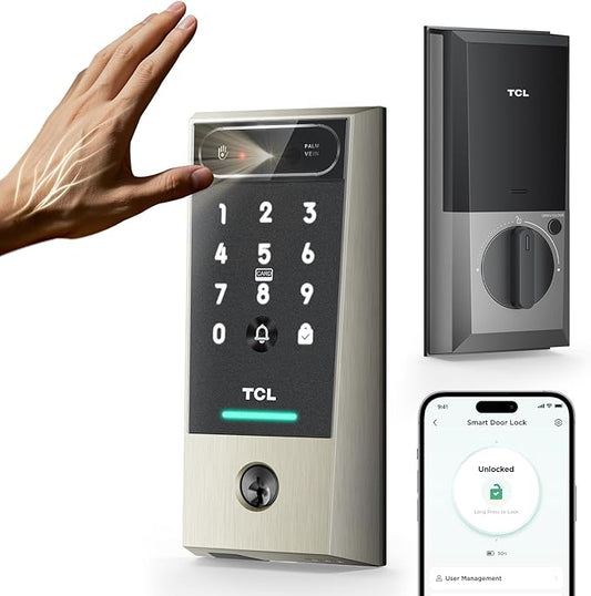 TCL D2 Pro Smart Lock with Palm Vein Recognition, Keyless Entry Door Lock for Front Door, Wi-Fi Keypad Deadbolt, App Remote Control, Auto Lock, Rechargeable Battery, Compatible with Alexa & Google