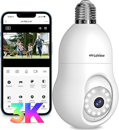 LaView 5MP QHD Bulb Security Camera 2.4GHz, 360° 3K Security Cameras Wireless Outdoor Indoor Full Color Day and Night, AI Motion Detection, Audible Alarm, Easy Installation, Compatible with Alexa