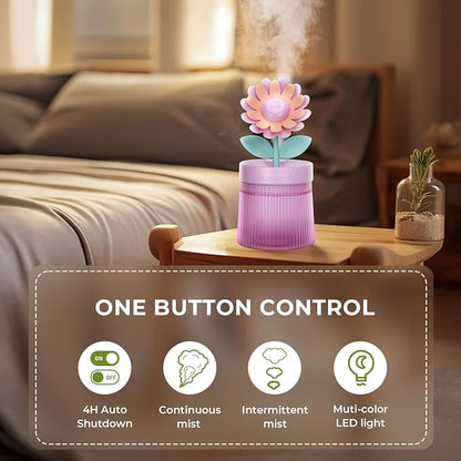 Cute Flower Mini Humidifier, Small Cool Mist Desk Humidifiers, Portable USB Personal Desktop Plant Humidifiers, Cooling for Home Office Car Travel Indoor Outdoor (260ml, Purple Sunflower)