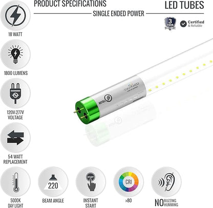 LEDMyplace T8 LED Bulbs 4 Foot Ballast Bypass, 18W Tube Light for Garage, Warehouse, Station, Reliable Commercial Lighting, 5000K Daylight, Clear Lens, G13 Base, Single End LED Tube, 4ft, Pack of 15