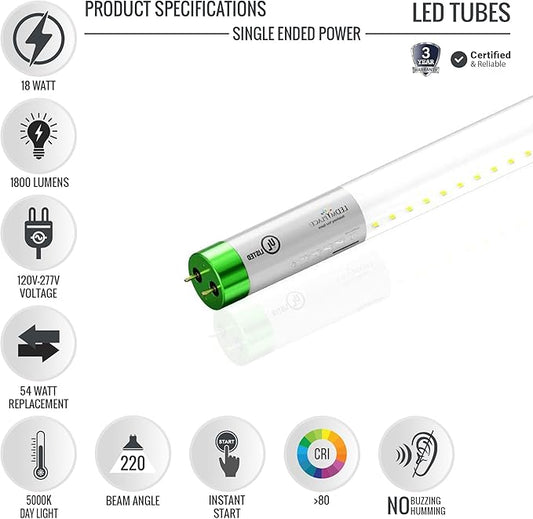 LEDMyplace T8 LED Bulbs 4 Foot Ballast Bypass, 18W Tube Light for Garage, Warehouse, Station, Reliable Commercial Lighting, 5000K Daylight, Clear Lens, G13 Base, Single End LED Tube, 4ft, Pack of 15