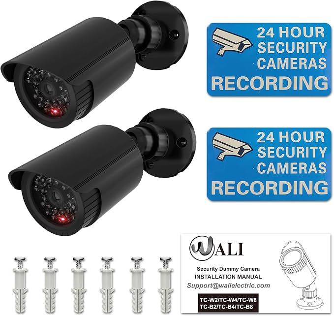 WALI Fake Security Camera with Flashing Red Light, 2 Pack, Black（TC-B2）