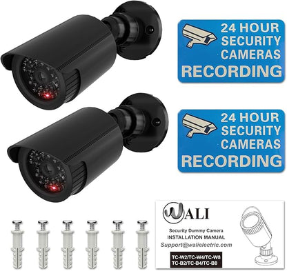 WALI Fake Security Camera with Flashing Red Light, 2 Pack, Black（TC-B2）
