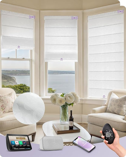 Graywind Smart Roman Shades Compatible with Alexa Google Rechargeable Motorized Blinds with Remote Light Filtering Roman Window Shades Plain Fold Soft for Doors Bedroom, Custom Size (Floral White)