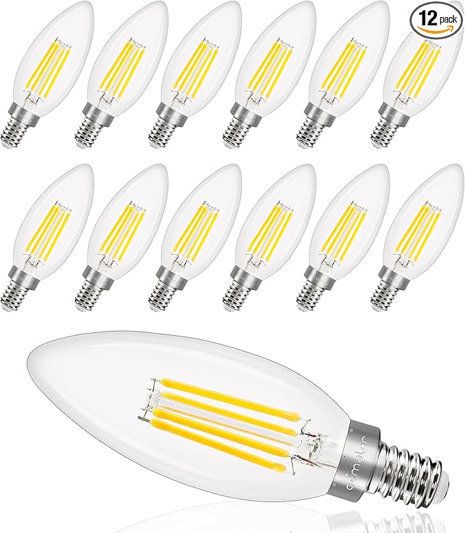 comzler E12 LED Candelabra Bulb Dimmable, 4000K Natural White, 4Watt 40W Equivalent, Type B Chandelier Light Bulb, B11 Edison Filament for Ceiling Fan, 400LM, Pack of 12