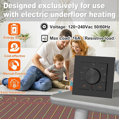 HEATIT Manual Non-Programmable Floor Heating Thermostat, 100-240V Black