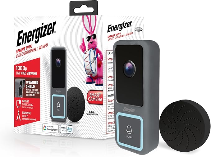 Energizer Smart Doorbell & Chime, Wired 1080p Video Doorbell Security Camera, 2-Way Audio, Night Vision, Cloud & Card Storage, Works with Alexa & Google Home, Motion Sensor, Requires Existing Wires