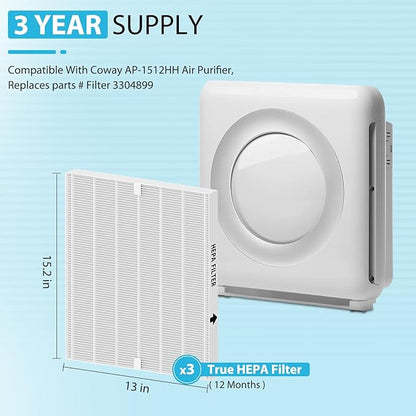 3 Pack AP-1512HH True HEPA Replacement filter Compatible with Coway Airmega AP-1512HH Air Purifier and Airmega 200M Air Purifier, AP-1512HH, AP-1512HH-FP, AP-1518R, AP-1519P, Item NO #3304899