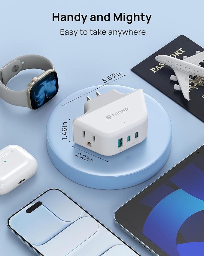 TROND Outlet Extender with 360 Rotating Plug, PD 20W USB C | 2 AC Outlet Splitter, 3-Side Design Wall Plug Adapter, for Bathroom Kitchen Cruise Ship Travel Essentials, White