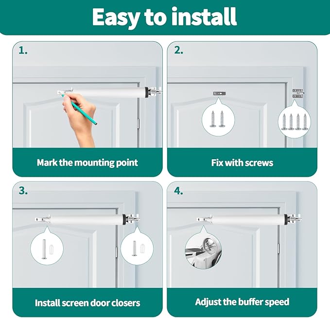 2 PCS Screen and Storm Door Closer Kit, Heavy Duty Pneumatic Screen and Storm Door Closer, Screen and Storm Door Push Button Latch Set Replacement Kit, Adjust Smooth Closing Speed (White)
