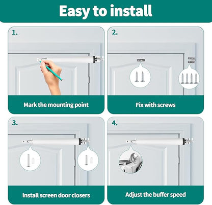 Screen and Storm Door Closer Kit, Heavy Duty Pneumatic Screen and Storm Door Closer, Screen and Storm Door Push Button Latch Set Replacement Kit, Adjust Smooth Closing Speed (White)