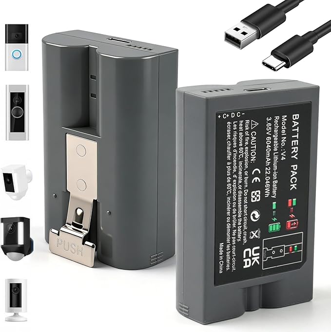 2-Pack Upgraded 6040mAh Rechargeable Replacement Battery for Ring V4 Doorbell | Type-C Port | 3.65V Li-ion | Fits Video Doorbell 2/3/3 Plus/4, Spotlight & Stick Up Cam