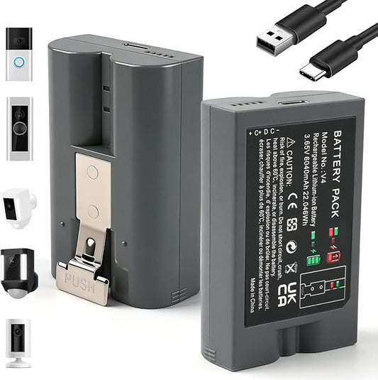 2-Pack Upgraded 6040mAh Rechargeable Replacement Battery for Ring V4 Doorbell | Type-C Port | 3.65V Li-ion | Fits Video Doorbell 2/3/3 Plus/4, Spotlight & Stick Up Cam