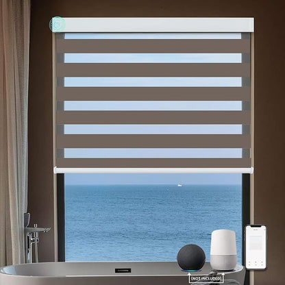 MING CHEN Motorized Blinds with Remote, Built-in Rechargeable Motor Smart Automatic Window Shades, Custom Size Electric Zebra Blinds Compatible with Alexa Google (70% Shading Brown)
