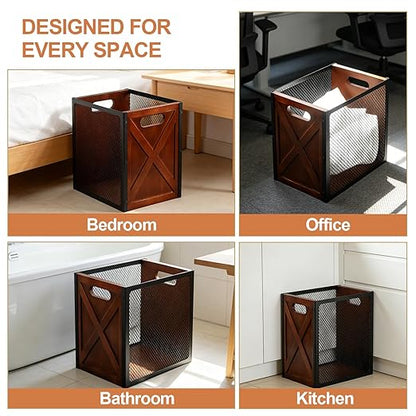 Rustic Office Trash Can - Rectangular Waste Basket with Iron Mesh, 4.5 Gallon Wooden Garbage Can, Bathroom Garbage Bin with Handles, Decorative Trash Can for Home Office Bedroom