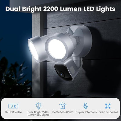Floodlight Camera Wired, 3K UHD Outdoor Security Camera with 2200-Lumen Motion-Activated Lights, Color Night Vision, 105dB Siren, IP65 Waterproof, Works w/Alexa,2-Way Audio