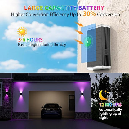 Solar Wall Light Outdoor , RGB & Warm White 8 Modes Dusk to Dawn Lighting Wall Sconce IP67 Waterproof Up and Down Solar Lights Outdoor Front Door Light for House, Garage, Porch, Doorway,Fence (1PACK)